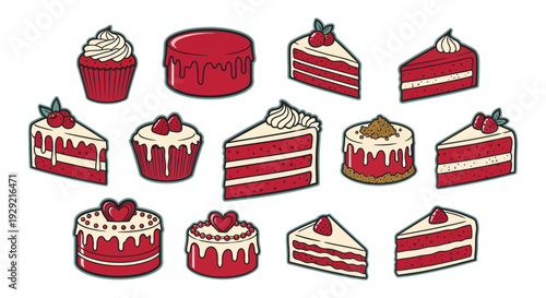 Set of Red Velvet Cake Slices and Cupcakes Illustrations Isolated on White Background