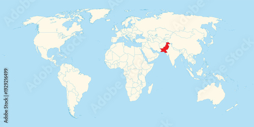 Pakistan location highlighted in red on a clean world map representing the south asian region
