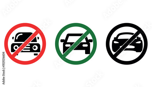 Three distinct traffic signs indicating vehicle restrictions in a specific area. No cars and no motorcycles parking sign icon isolated on white background. 