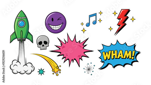 Comic Elements: Collection of fun and vibrant comic book elements, ready to add a dynamic touch to any design project, including a rocket, smiley face, lightning bolt, shooting star.