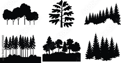 Forest Tree Silhouettes Set Black Woodland Landscape Collection Pine Oak Fir Trees Isolated Vector Illustration Nature Design Elements