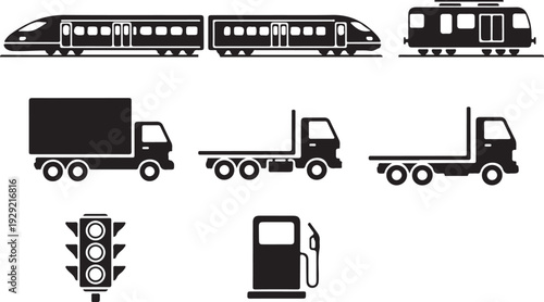 Set of transportation icons: high-speed train trucks tram traffic light and fuel pump Isolated on white background