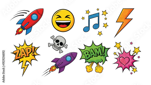 Comic Book Pop Art: A vibrant collection of comic book-style graphics and icons, including a rocket, a smiling face, a musical note, a lightning bolt, and dynamic speech bubbles.