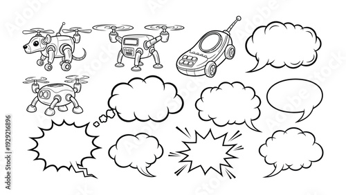 Digital Drones and Thought Bubbles: A creative composition showcasing digital drawing elements, featuring a cartoon drone, toy phone, and comic speech bubbles, ideal for innovative design projects.