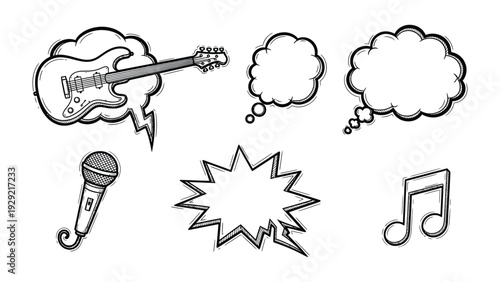 Musical Creativity Illustrated: A collection of musical elements, including a guitar, microphone, and music note, with thought bubbles, create a visual representation of music composition.