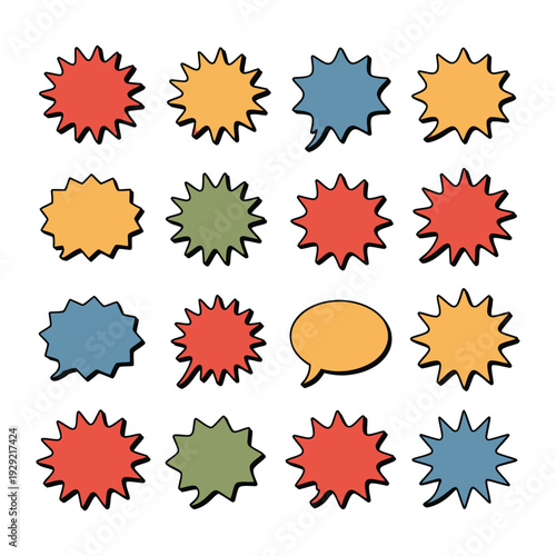 Colorful Burst Collection: A vibrant assortment of speech bubbles and burst elements in a spectrum of colors, each with a unique design, ready to add flair to your creative projects.