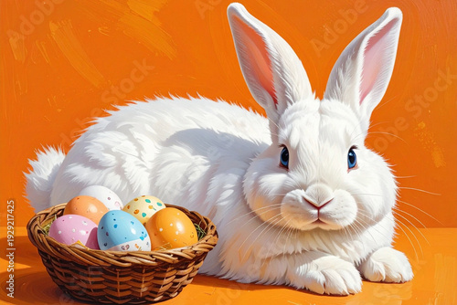 A white, fluffy rabbit with blue eyes lies next to a basket containing painted Easter eggs. The background is orange.