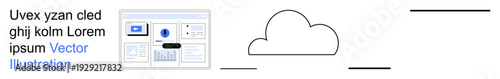 Cloud storage, web development, data sharing, system management, networking, digital innovation. Cloud icon alongside interface screen designs. Cloud storage and web development concept