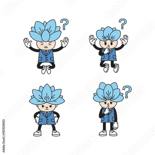 Cartoon character with flower head showing different emotions and confusion