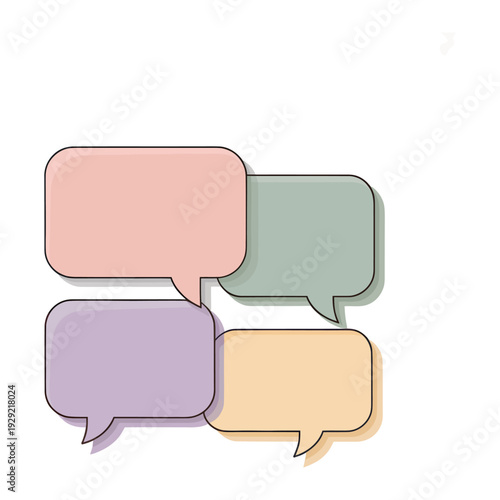Conversation Bubbles: A quartet of pastel-colored speech bubbles, subtly shaded and arranged in a grid, beckon to initiate dialogue. Representing open communication and exchange of thoughts.