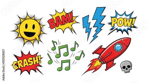 Comic Elements: A vibrant collection of comic book style elements, including expressive sound effects, a grinning sun, and a rocket ship. 