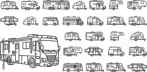 Motorhome and Camper Van Line Icon Set Recreational Vehicle Outline Vector Collection
