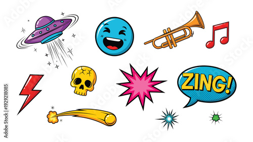 Cartoon Stickers Set: A vibrant collection of cartoon stickers, each bursting with personality and charm, ranging from a musical trumpet and playful emojis to a space-age UFO.