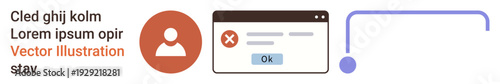 Digital communication, error messages, user profile, system notification, connection flow, web design. User icon, error dialog box with ok button and a connecting line. Digital communication
