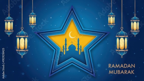 Ramadan Mubarak banner with mosque silhouette in a star shape and hanging lanterns on a blue starry background