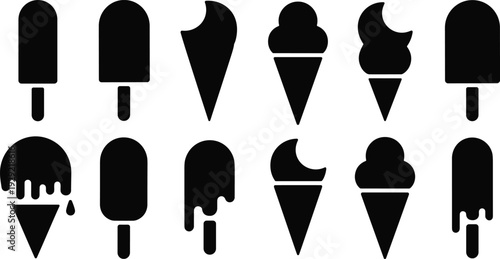 Ice cream silhouettes collection, popsicle and waffle cone frozen dessert icons isolated on white background, black sweet vector illustration set