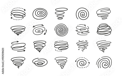 Tornado icon set with various swirling vector illustrations and designs