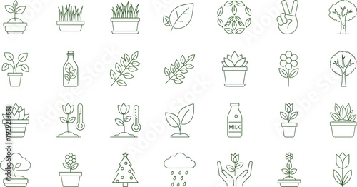 Eco and Plant Care Line Icons Set with Leaves Potted Plants and Sustainability Symbols, Minimal Green Nature Vector Collection