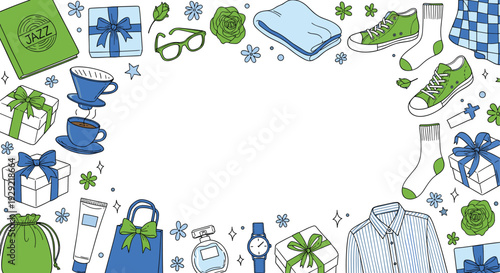 Father’s Day Gift Frame with Stylish Accessories Coffee and Presents, Modern Celebration Border Design Vector Illustration