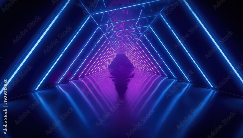 Fototapeta premium Neon tunnel with reflective floor and purple blue cyber lights creating moody futuristic depth