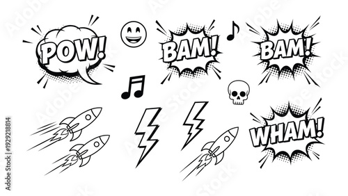 Comic elements: Bold visual elements including expressive word bubbles, striking lightning bolts, roaring rocketships, and symbols to create visual impact. 