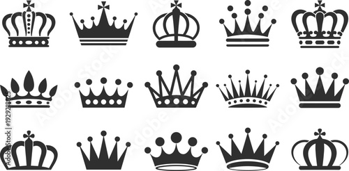 Royal crown silhouettes collection, king queen monarchy emblem icons decorative heraldic symbols isolated on white background vector set