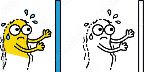 Anxious Cartoon Character Sweating and Pushing Against a Blue Wall Stress and Frustration Concept