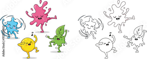 Cheerful Dancing Cartoon Characters Colorful Splashes Leaf and Drop Celebrating Joy