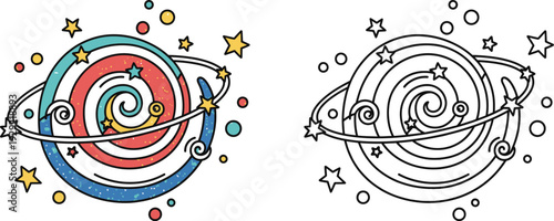 Colorful Cartoon Galaxy with Stars and Planets Whimsical Space Illustration for Kids