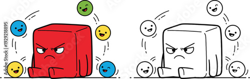 Grumpy Red Block Character Annoyed by Happy Bouncing Spheres Frustration and Annoyance Concept