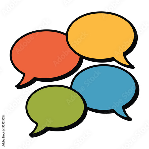 Dialogue Bubbles: A vibrant collection of colorful dialogue bubbles, perfect for symbolizing conversation, communication, and social interaction, each conveying different aspects of ideas.