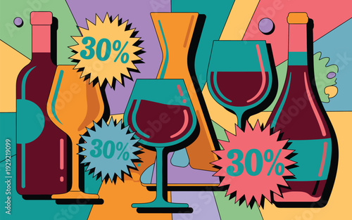 A wine bottle and glass illustration with 30 percent discount offer