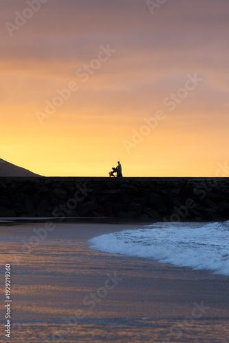 Silhouette of a person pushing a stroller along a coastal breakwater at sunset, with gentle waves washing ashore under a warm golden sky