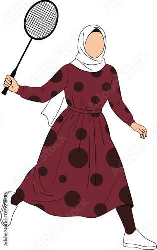 Muslim Woman Playing Badminton in Sport Outfit and Hijab, Active Female Athlete Outdoor Activity Vector Illustration