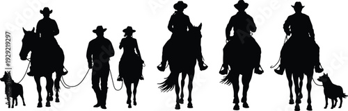 Cowboy and cowgirl silhouettes with horses and dog, western ranch riders collection isolated on white background vintage wild west style