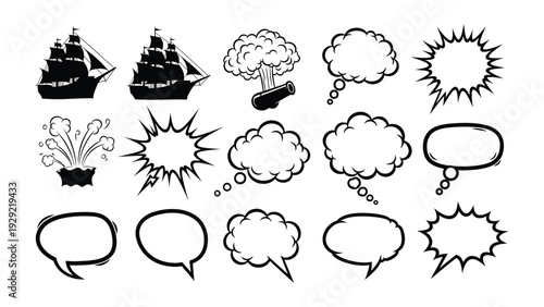 Comic Icon Collection: An illustrative collection of comic book style icons and speech bubbles in a monochrome palette, perfect for conveying dynamic stories, exclamations, and powerful expressions.