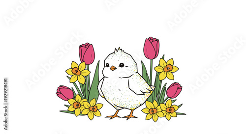 Chick Among Tulips and Daffodils in Spring Garden