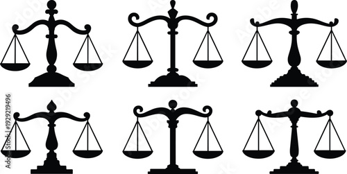Justice scale silhouette set, law balance symbol icons isolated on white background, legal court and judiciary vector illustration collection