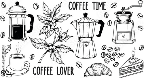 Black and white coffee with coffee maker, grinder, beans, and croissant coffee beans