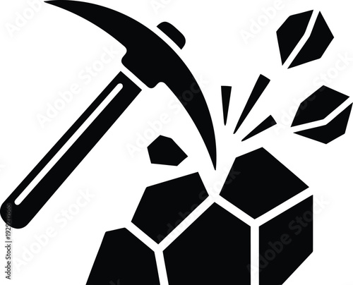 Black icon of a pickaxe breaking through a stone with leaves symbolizing growth and mining
