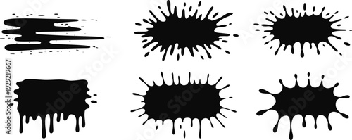 Ink splatter silhouette set, black paint splash stains and dripping blot shapes isolated on white background vector illustration