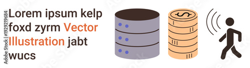 Data management, financial transactions, mobile communication, technology, digital transfer, wireless networks. ion of database, coin stack and person emitting signal. Data management and financial