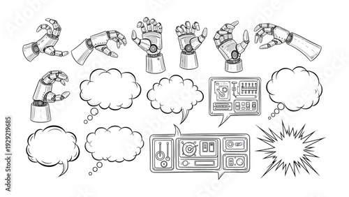 Mechanical Thought Bubbles: A collection of robotic hands and speech bubbles, conveying the intersection of technology and communication.