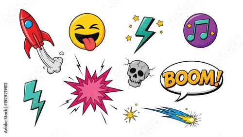 Comic Pop Art Explosion: A dynamic array of comic-style elements bursts forth, including a rocket, expressive emoji, bolts of lightning, musical notes, and an explosive Boom!