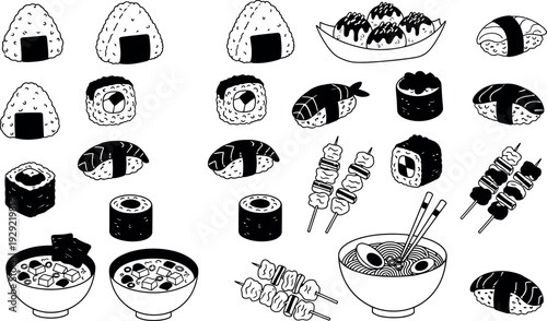 Assorted Japanese Sushi Rolls and Dishes in Black and White Japanese food rice