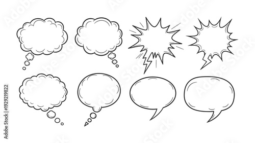 Comic Thought Bubbles: A collection of various hand-drawn comic thought bubbles. This image offers a range of styles and shapes, ideal for diverse visual communication needs.