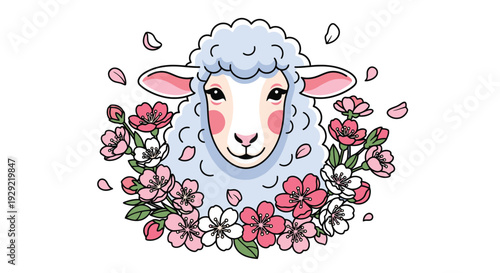 Fluffy Sheep Portrait Surrounded by Blossoming Flowers
