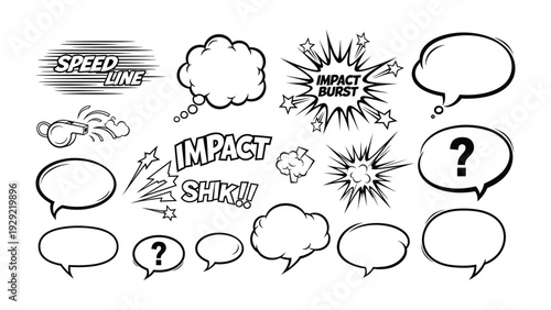 Comic Speech Bubbles Collection: A vibrant compilation of comic speech bubbles and sound effects, perfectly capturing the dynamic essence of graphic storytelling.