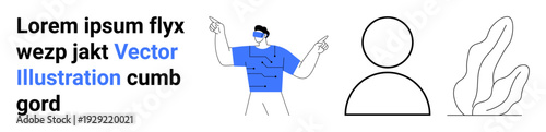 Communication, teamwork, personal identity, creativity, digital interaction, abstract art. A man in blue pointing, a line art person icon and a minimalist plant. Communication and teamwork concept