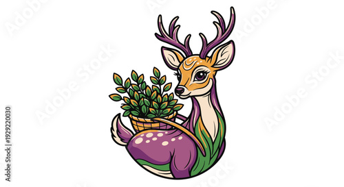 Colorful deer with basket of herbs in stylized illustration